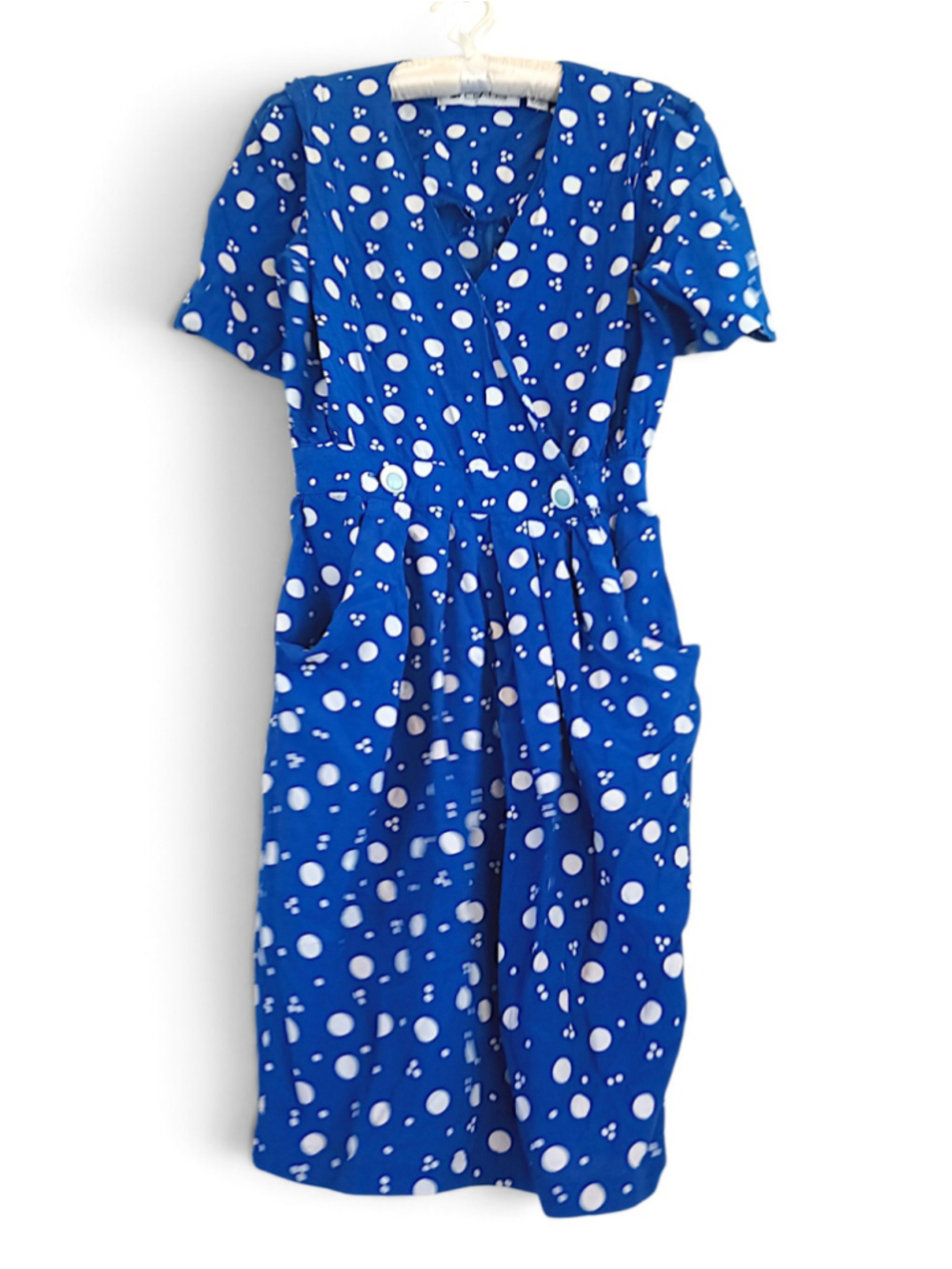 Vintage 80s Ms. Chaus blue white polka dot wrap-style dress short sleeve pockets